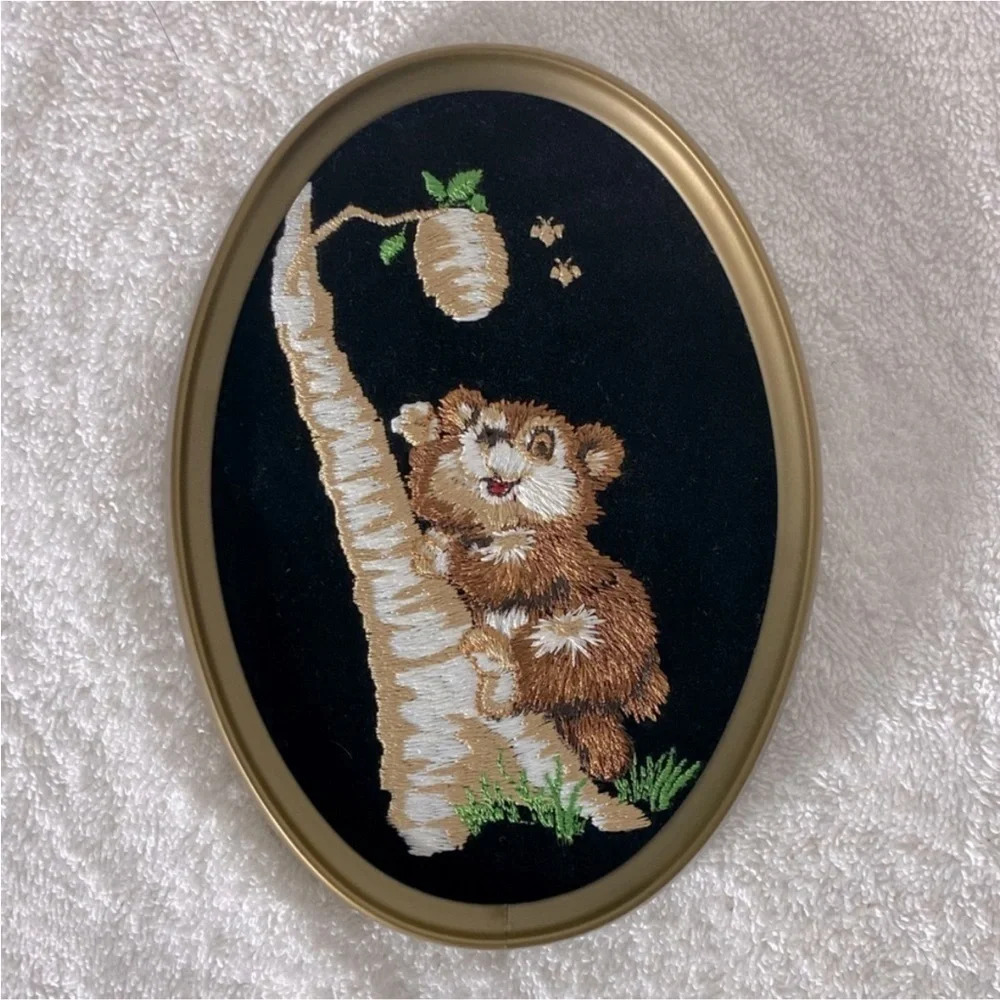 Vintage Ecstasy Giftware Black Velvet Embroidered Oval Framed Art Honey Bear